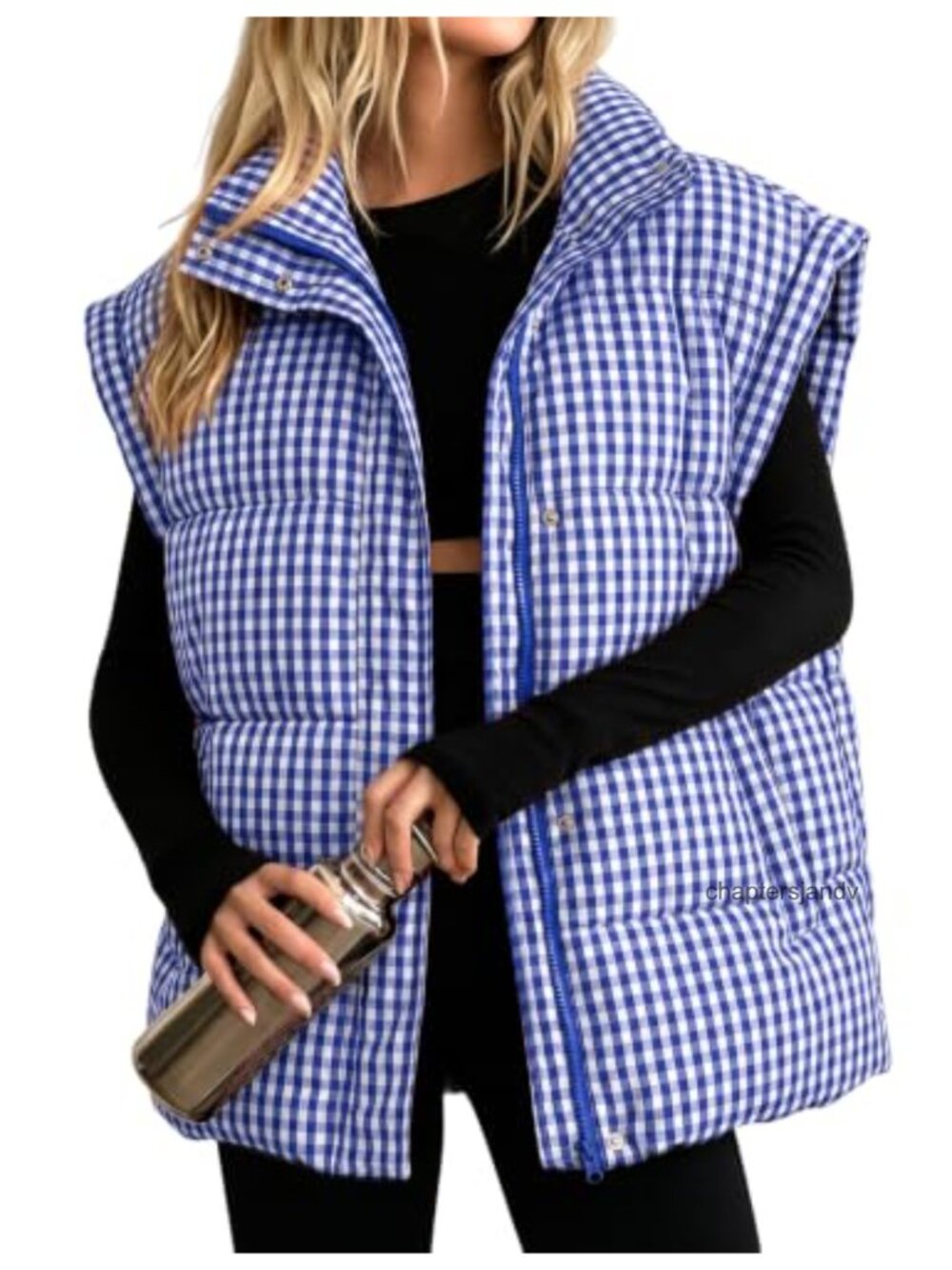 Oversized Gingham Puffer Vest Sleeveless Quilted Zip Jacket